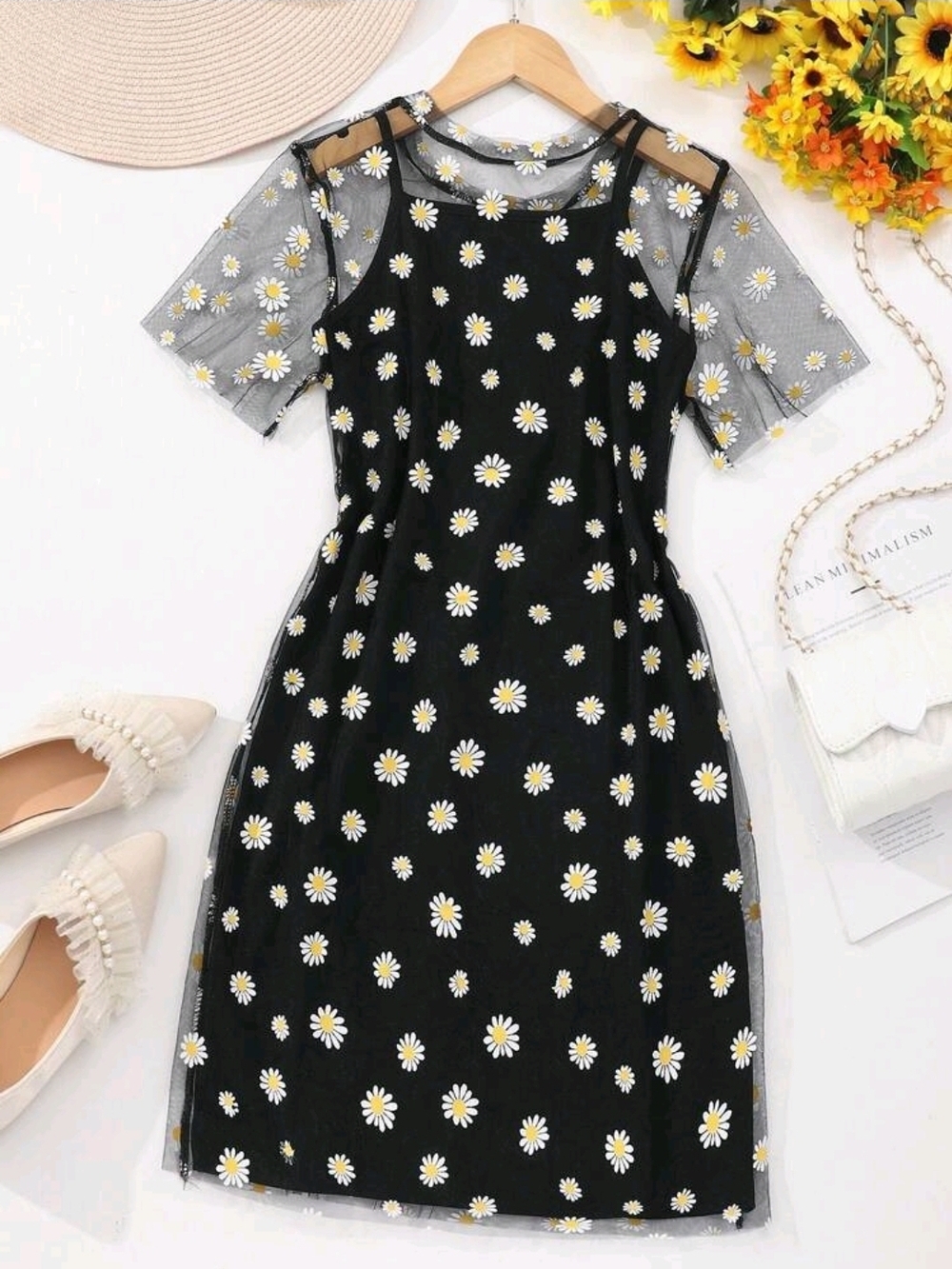 Black Daisy Mesh Overlay Dress